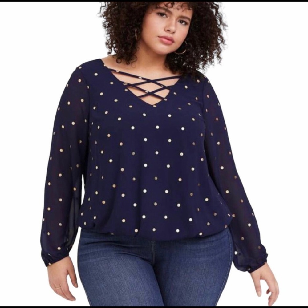NWT Torrid Chiffon Lattice Blouse Navy Blue & Gold Polka Dot Size 3X